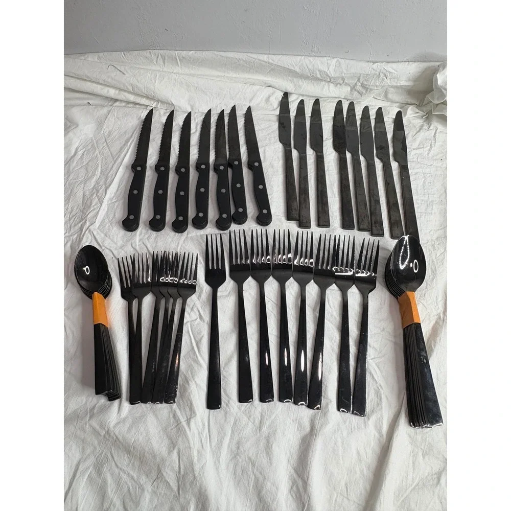 Black Silverware Set 46 Piece Flatware Utensils Knives Forks Spoons Dining